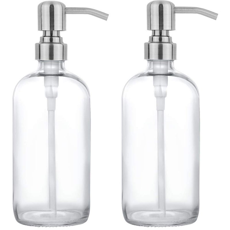 CHBJDAN 2 Pack Thick Clear Glass Pint Jar Soap Dispenser with Silver Stainless Steel Pump, 16ounce Clear Boston Round Bottles Dispenser with Rustproof Pump for Essential Oil, Lotion Soap - Image 1